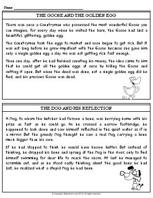 Preview image for worksheet with title The Goose and the Golden Egg & The Dog and his Reflection