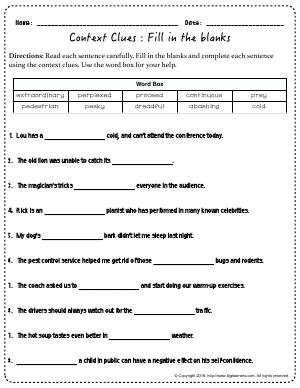 Preview image for worksheet with title Context Clues : Fill in the Blanks