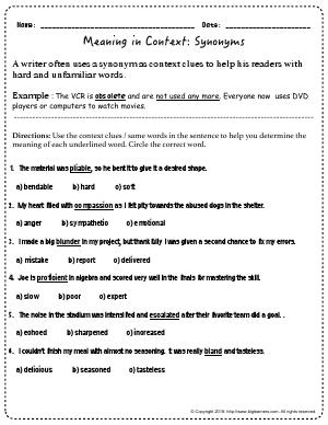 Preview image for worksheet with title Meaning in Context: Synonyms