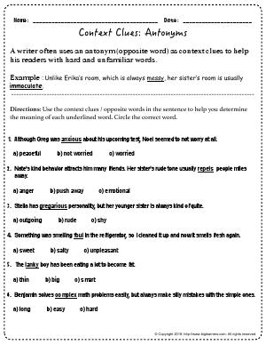 Preview image for worksheet with title Context Clues: Antonyms