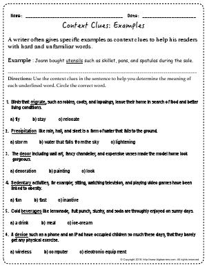 Preview image for worksheet with title Context Clues: Examples