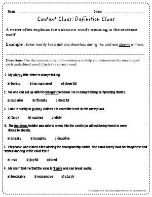 Preview image for worksheet with title Context Clues: Definition Clues