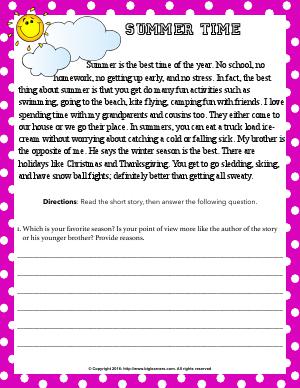 Preview image for worksheet with title Summer Time