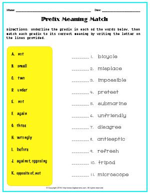 Preview image for worksheet with title Prefix Meaning Match