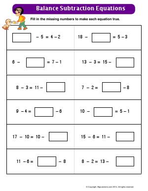 Preview image for worksheet with title Balance Subraction Equations