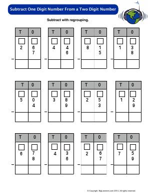 Preview image for worksheet with title Subtract One Digit From a Two Digit Number