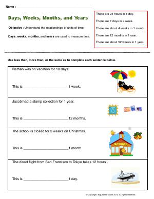 Preview image for worksheet with title Days, Weeks, Months, and Years