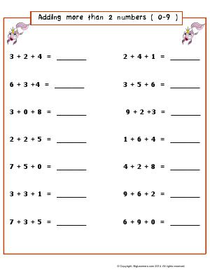 Preview image for worksheet with title Adding More than 2 Numbers (0-9)