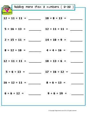 Preview image for worksheet with title Adding More Than 2 Numbers ( 0-20)
