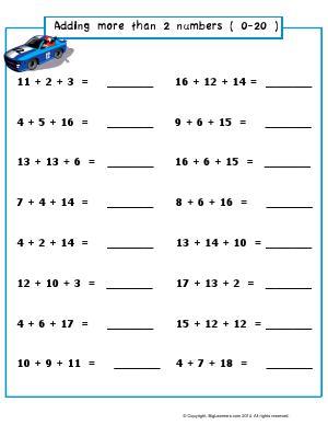 Preview image for worksheet with title Adding More Than 2 Numbers (0-20)