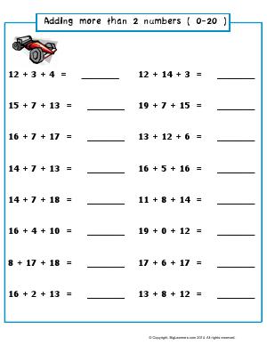 Preview image for worksheet with title Adding More Than 2 Numbers (0-20)