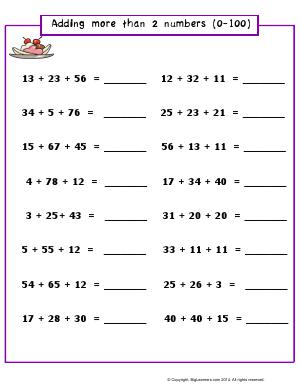 Preview image for worksheet with title Adding More Than 2 Numbers  (0-100)
