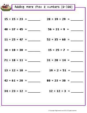 Preview image for worksheet with title Adding More Than 2 Numbers (0-100)