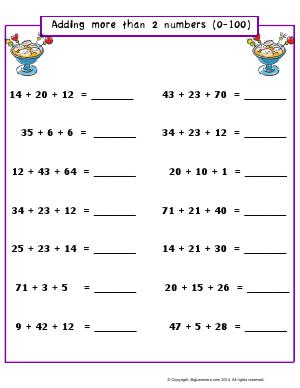 Preview image for worksheet with title Adding More Than 2 Numbers (0-100)