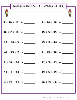 Preview image for worksheet with title Adding More Than 2 Numbers (0-100)