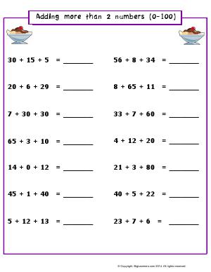 Preview image for worksheet with title Adding More Than 2 Numbers (0-100)