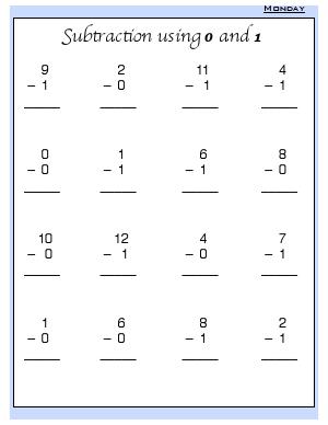 Preview image for worksheet with title Subtraction Using 0 and 1