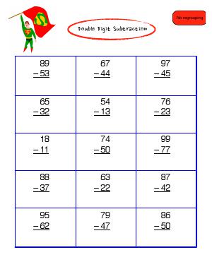 Preview image for worksheet with title Double Digit Subtraction