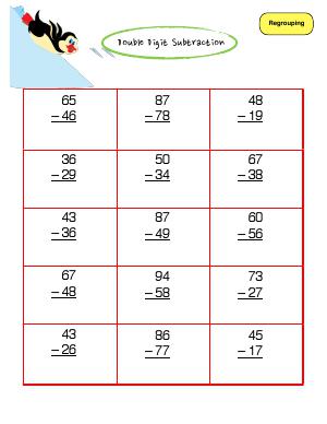 Preview image for worksheet with title Double Digit Subtraction