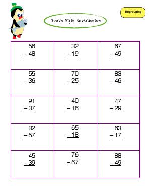 Preview image for worksheet with title Double Digit Subtraction