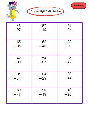 Preview image for worksheet with title Double Digit Subtraction ( with regrouping )