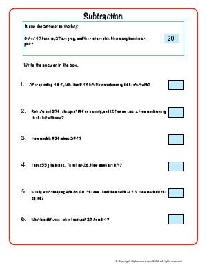 Preview image for worksheet with title Subtraction