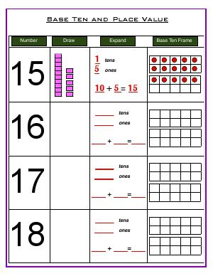 Preview image for worksheet with title Base Ten and Place Value