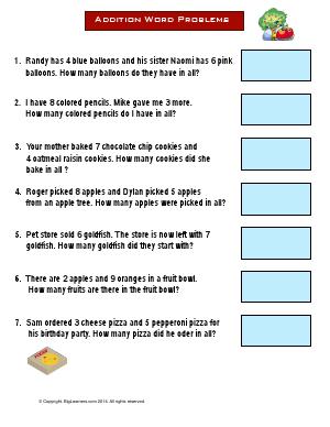 Preview image for worksheet with title Addition Word Problems