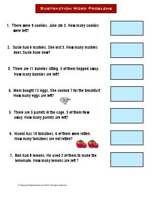 Preview image for worksheet with title Subtraction Word Problems