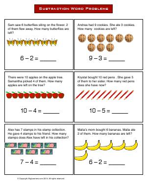 Preview image for worksheet with title Subtraction Word Poblems