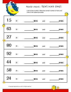 Preview image for worksheet with title Place Value : Tens and Ones