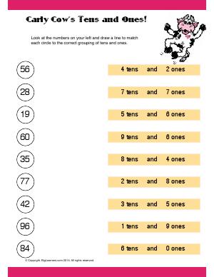 Preview image for worksheet with title Carly Cow's Tens and Ones!