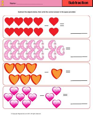 Preview image for worksheet with title subtraction - Valentines theme