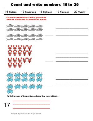 Preview image for worksheet with title Count and Write numbers 16 - 20