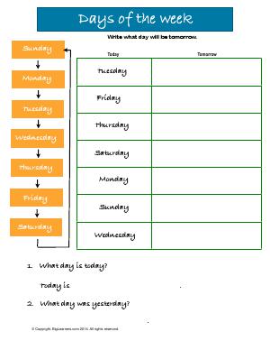 Preview image for worksheet with title Days of the Week