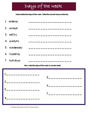 Preview image for worksheet with title Days of the Week
