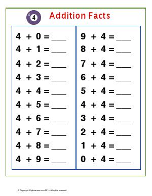 Preview image for worksheet with title Addition Facts with number 4