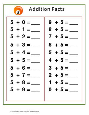 Preview image for worksheet with title Addition Facts with number 5