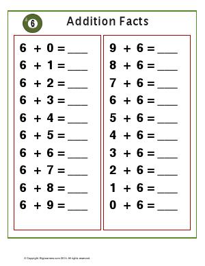 Preview image for worksheet with title Addition Facts with number 6