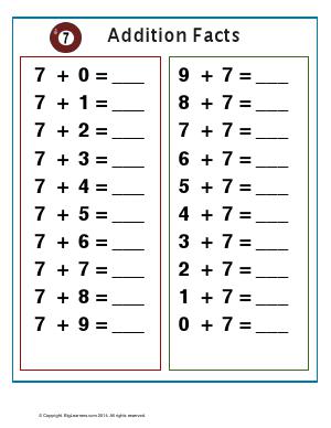 Preview image for worksheet with title Addition Facts with number 7