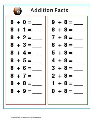 Preview image for worksheet with title Addition Facts with number 8