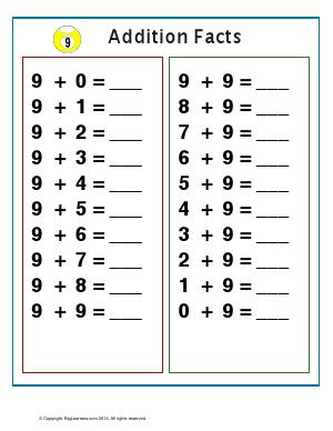 Preview image for worksheet with title Addition Facts with number 9