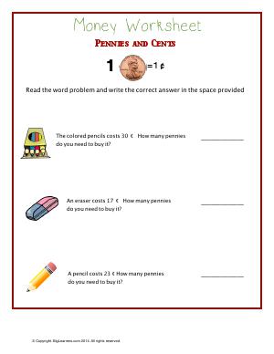 Preview image for worksheet with title Money Worksheet - Pennies and Cents