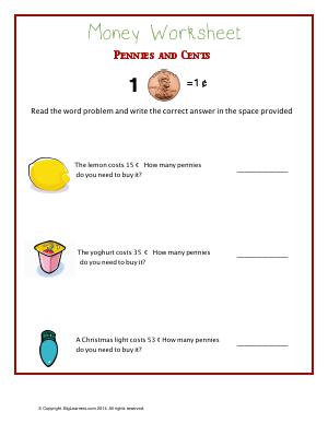 Preview image for worksheet with title Pennies and Cents