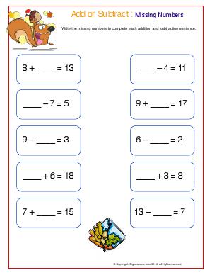 Preview image for worksheet with title Add or Subtract : Missing Numbers