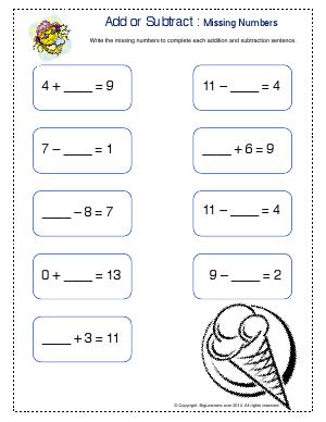 Preview image for worksheet with title Add or Subtract : Missing Numbers