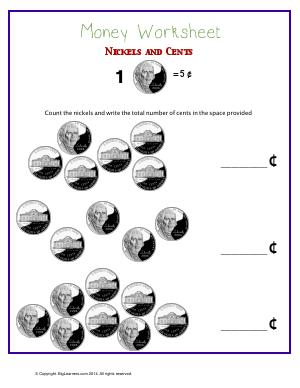Preview image for worksheet with title Nickels and Cents