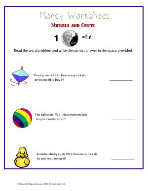 Preview image for worksheet with title Money Worksheet : Nickels and Cents