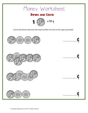 Preview image for worksheet with title Money Worksheet : Dimes and Cents