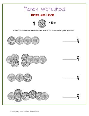 Preview image for worksheet with title Money Worksheet : Dimes and Cents